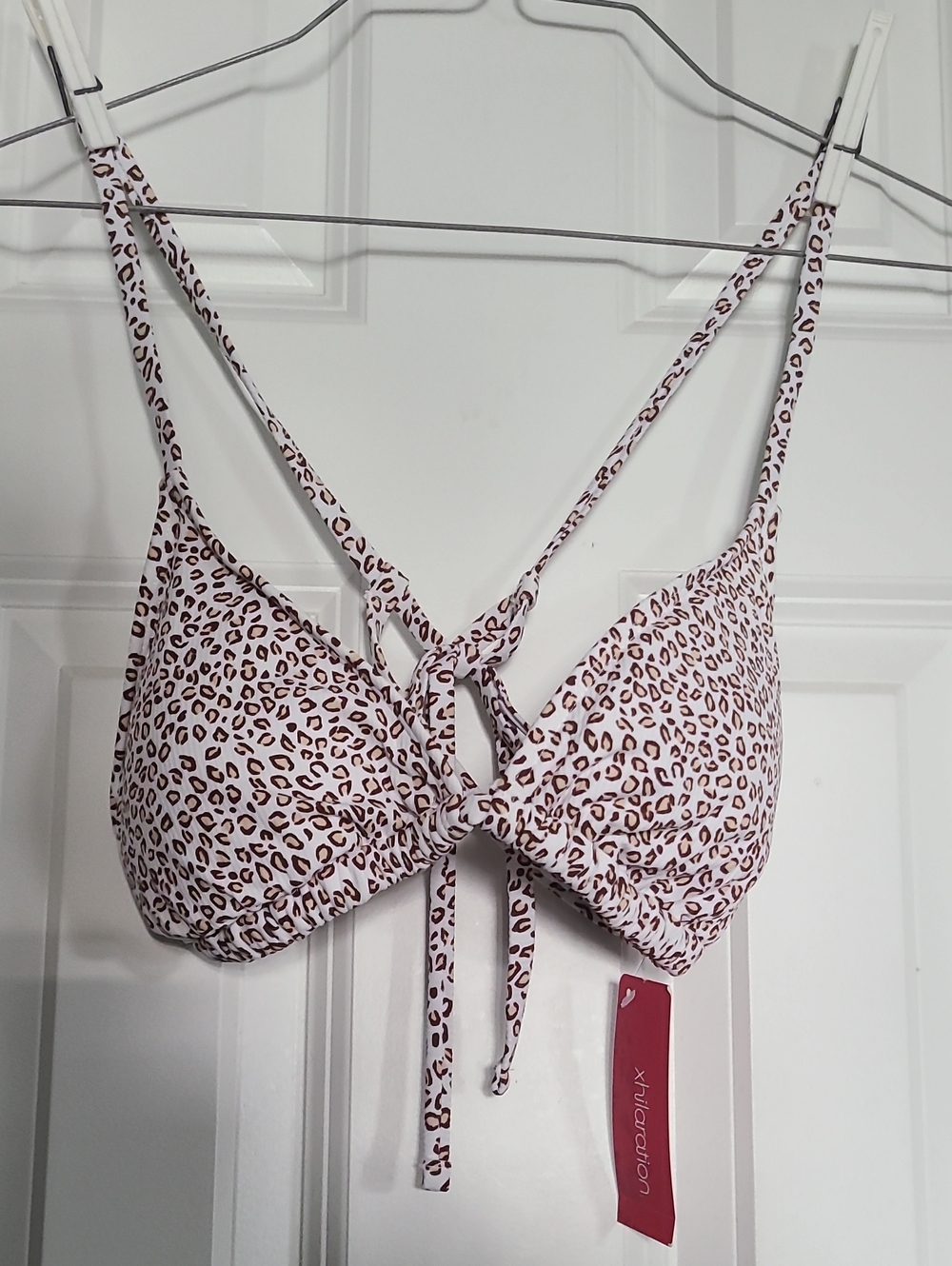 Xhilaration White & Brown Leopard Tie-Front Swim Top